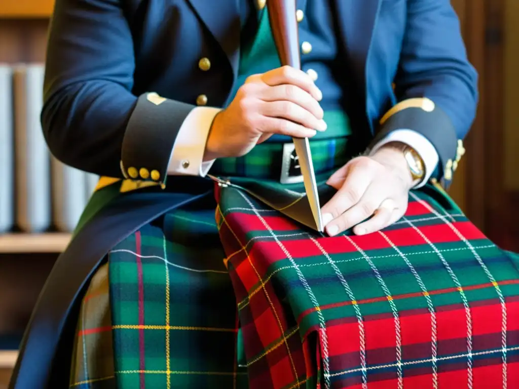 Un artesano cuidadosamente crea un kilt escocés tradicional, mostrando la riqueza de la vestimenta y joyería ceremonial culturas