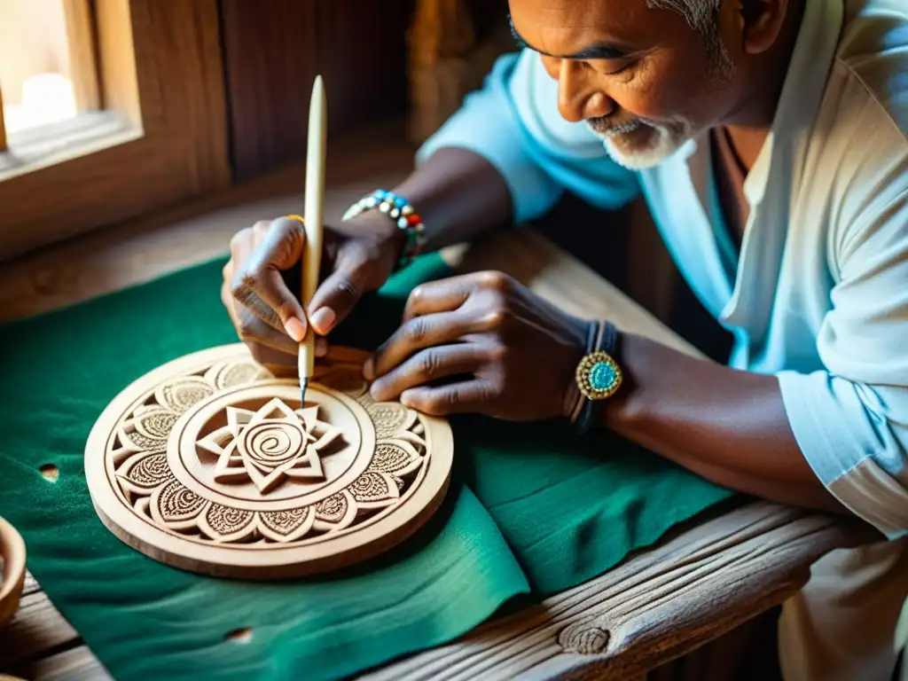 Un artesano local talla delicados símbolos espirituales en madera, rodeado de souvenirs con significado espiritual