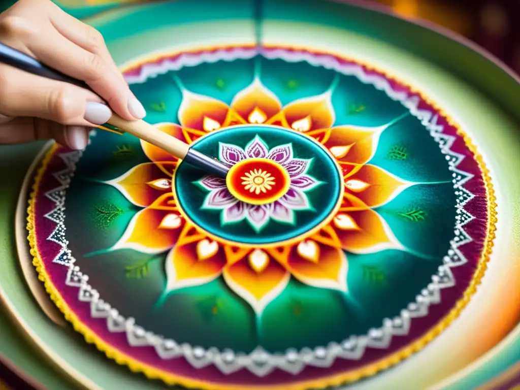 Un artesano hábil integra el mandala en rituales, creando con concentración y reverencia