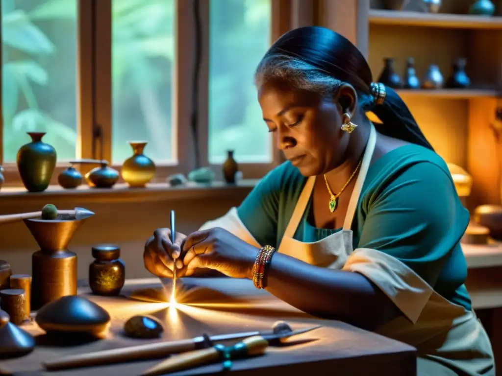 Un artesano trabaja en su taller, creando joyería única bajo la suave luz lunar