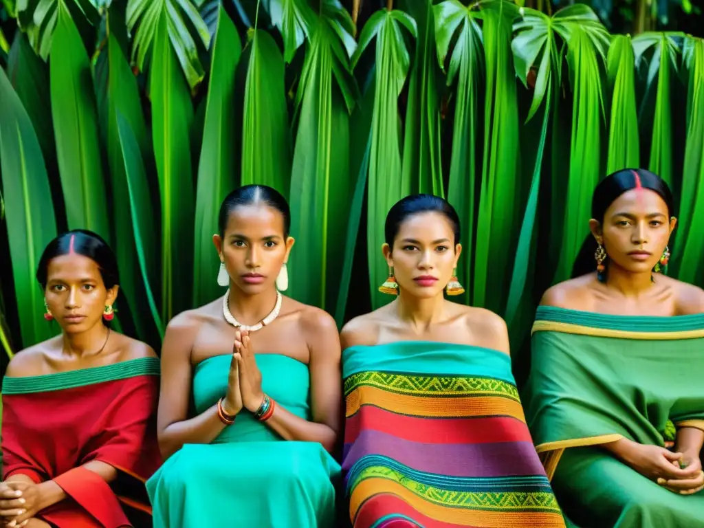 Artesanos amazónicos elaborando Rituales de matrimonio amazónico con textiles vibrantes en la densa selva