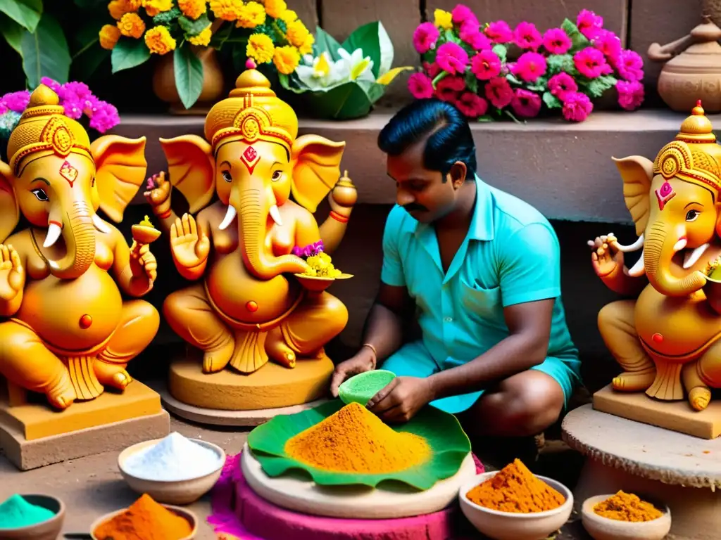 Artesanos modelando coloridos ídolos de Lord Ganesha para el ritual tradición cultural de Ganesh Chaturthi