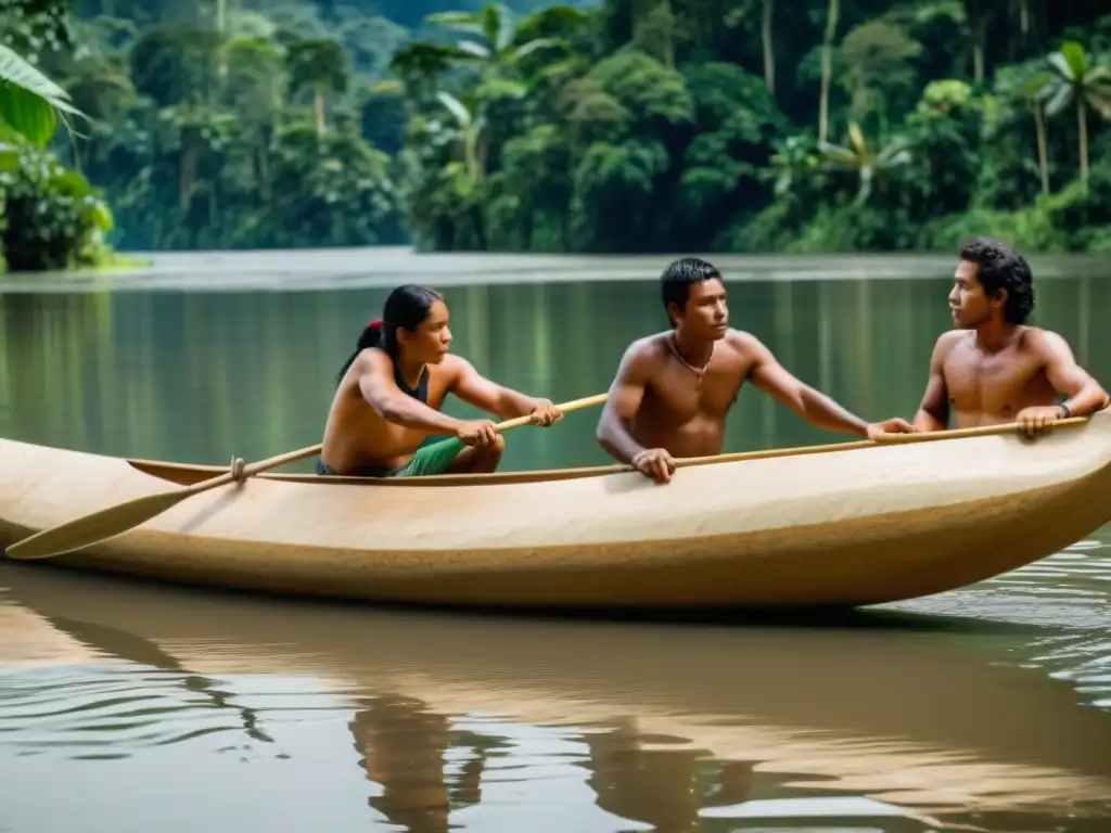 Artesanos indígenas construyendo una canoa en la Amazonía, mostrando el simbolismo ritual y la conexión espiritual de la comunidad