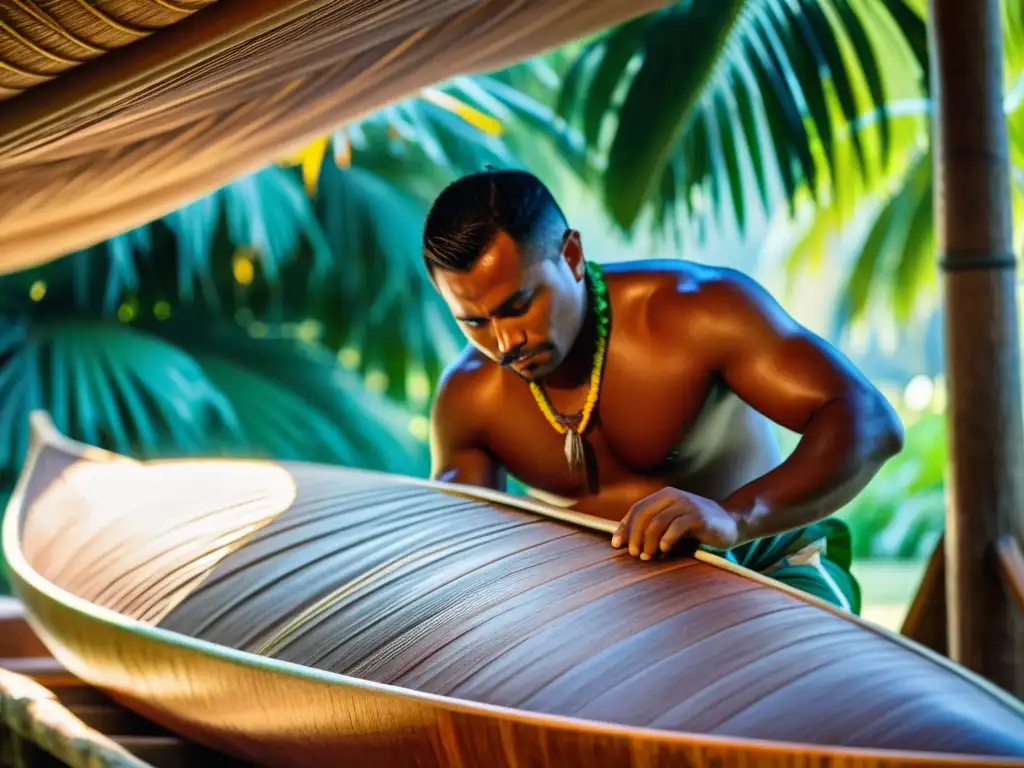 Artesanos polinesios tallando detalladamente una canoa de madera, en un escenario iluminado por la cálida luz del sol