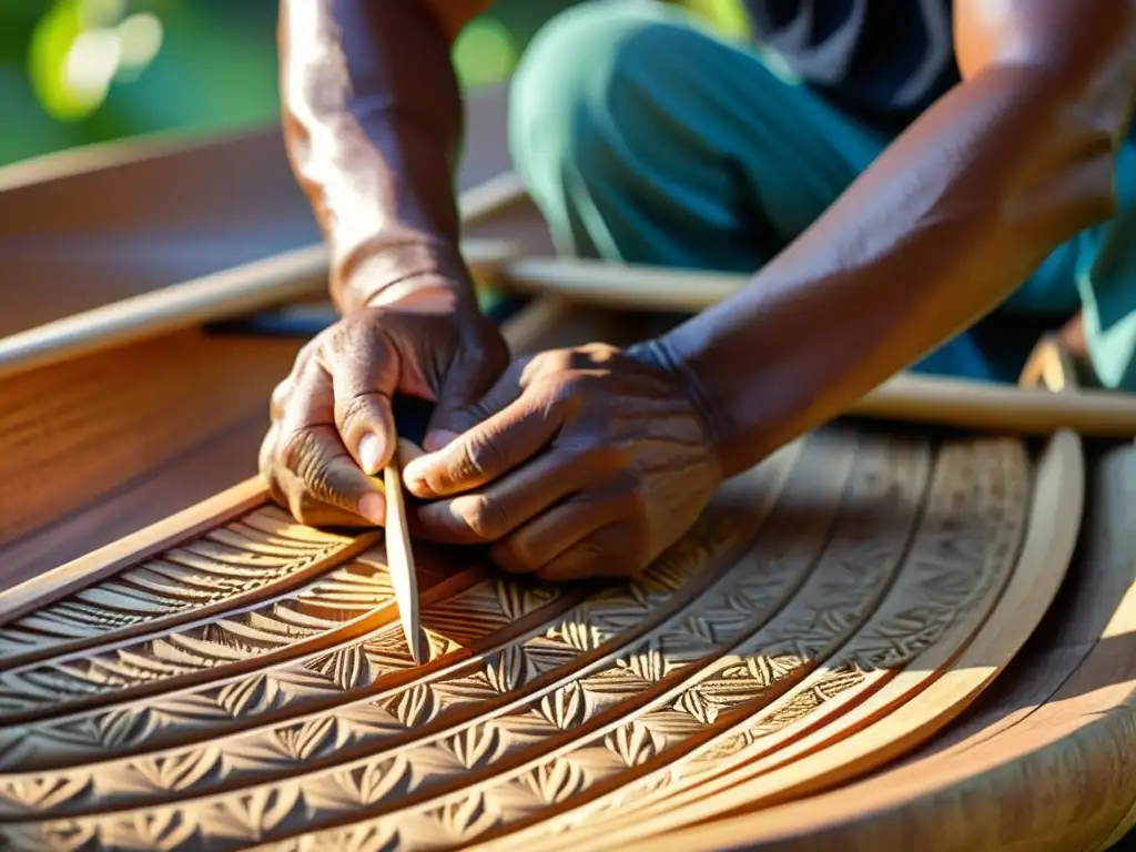 Artesanos polinesios tallando un canoa de madera, resaltando la conexión entre la cultura y la naturaleza en la construcción naval ritual