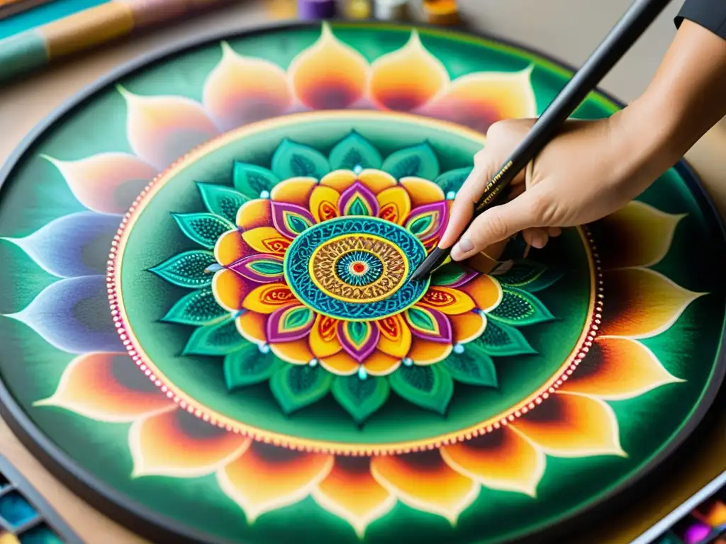 Artista concentrado integra el mandala en rituales con vibrantes colores y precisión en un lienzo grande