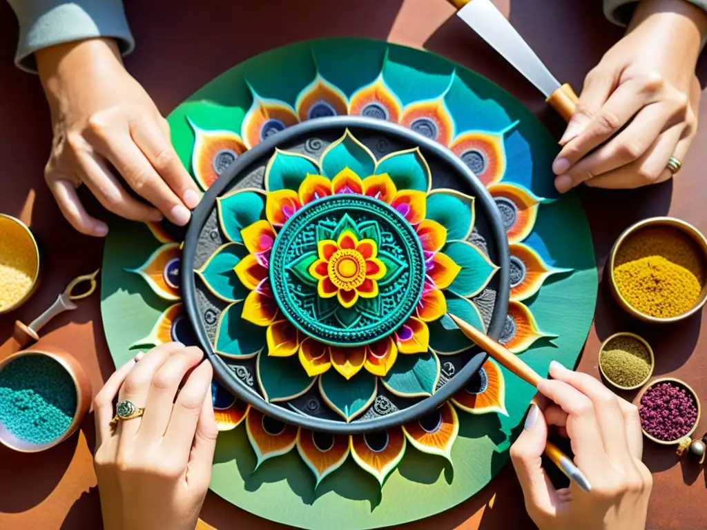 Un artista crea un mandala colorido con patrones finos y pigmentos vibrantes, en un ambiente sereno y meditativo