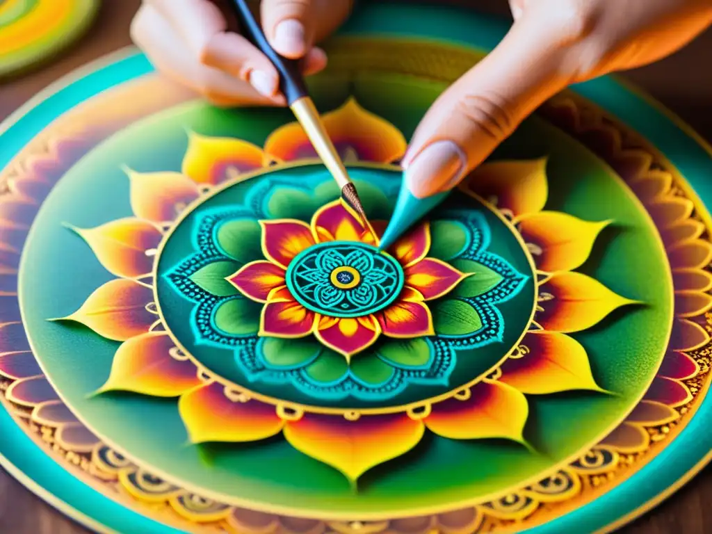 Un artista pinta meticulosamente un mandala tradicional con colores vibrantes, capturando su esencia espiritual