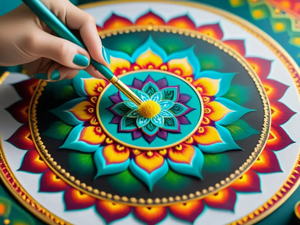 Una artista hábil pinta meticulosamente un vibrante mandala, destacando sus patrones geométricos e intensa paleta de colores