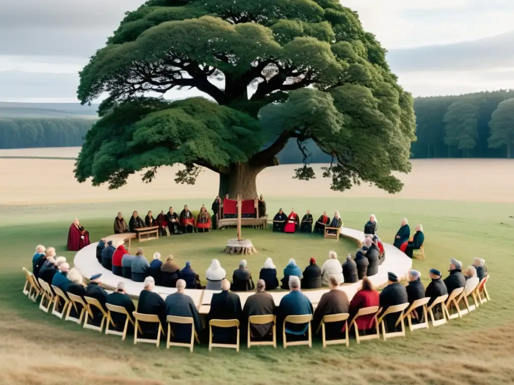 Una asamblea antigua se reúne bajo un árbol en un campo vasto en el rol de la Asamblea Sagrada nórdica