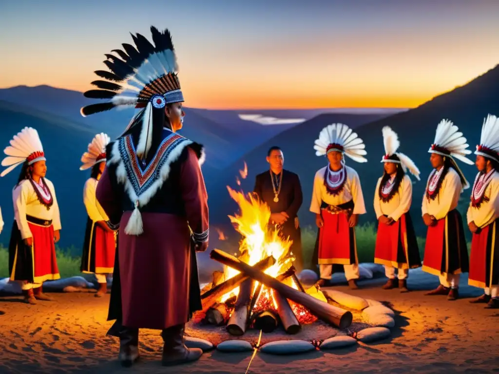 Una asamblea ceremonial indígena con cánticos rituales ancestrales, tejidos coloridos y tocados de plumas, alrededor de una fogata al atardecer