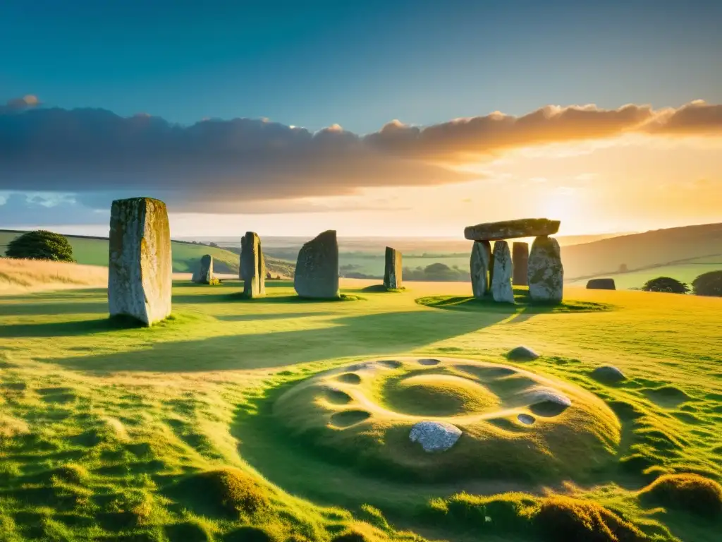 Astronomía y rituales prehistóricos: círculo de piedras ancestrales iluminado por el sol poniente, con figuras en rituales a lo lejos