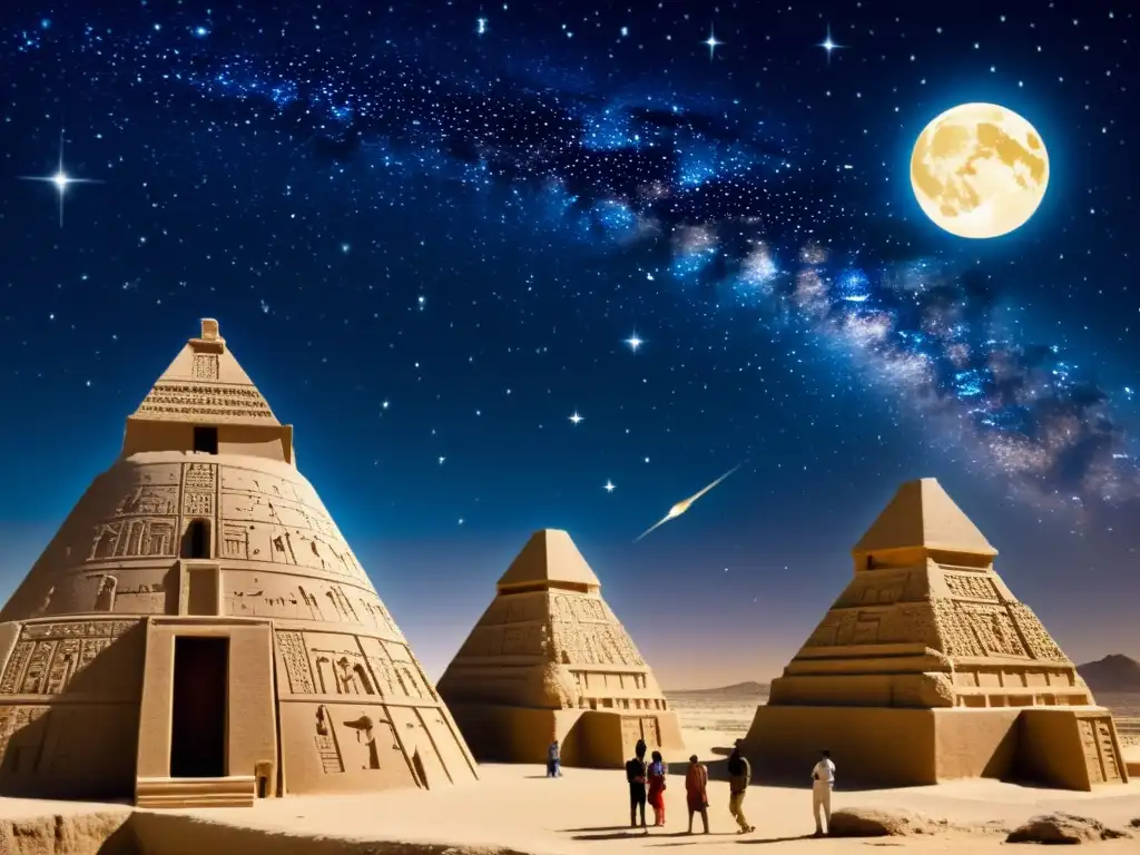 Astrónomos babilonios en rituales astronómicos, rodeados de ziggurats y símbolos celestiales, observando el cielo estrellado