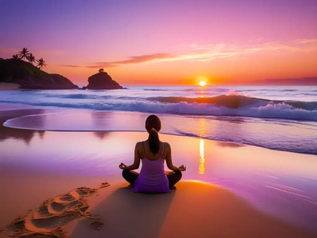 Un atardecer sereno y dorado en la playa, con una figura practicando meditación Metta