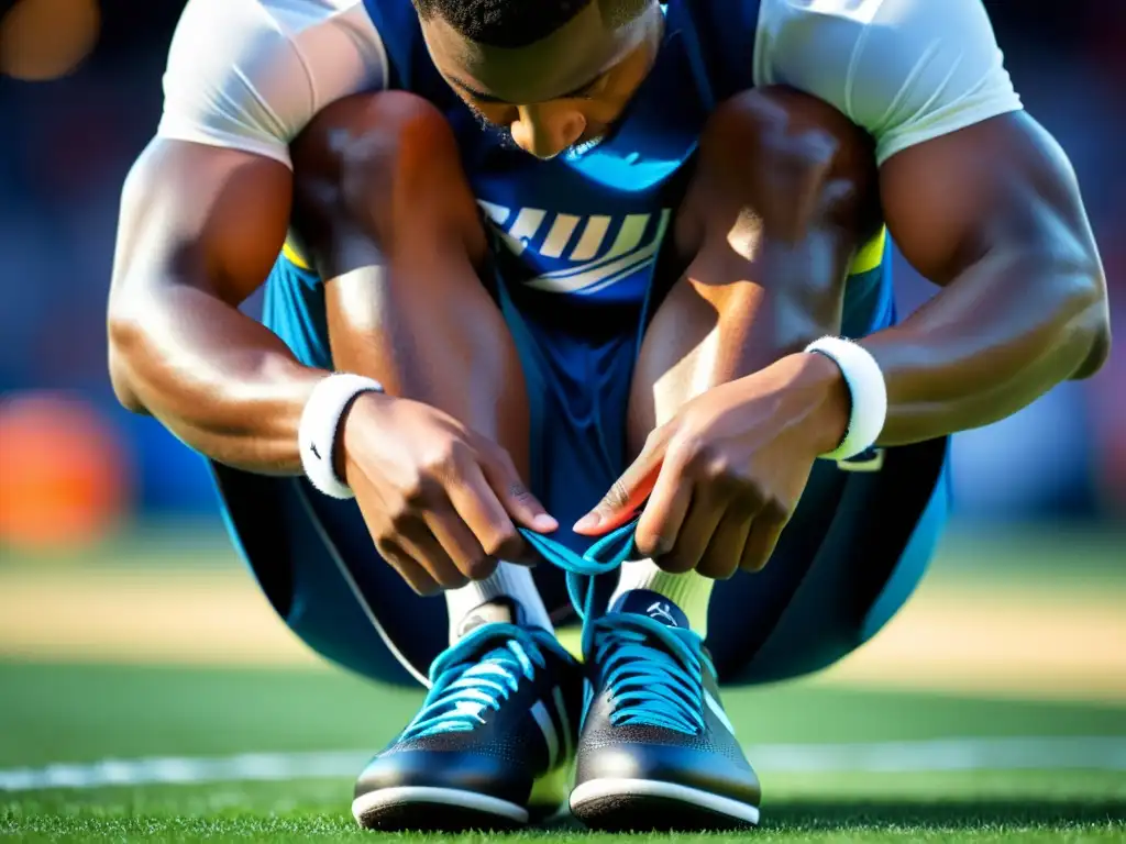 Un atleta profesional se ata los cordones con expresión supersticiosa antes del juego