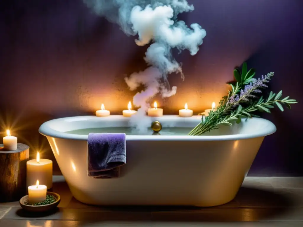 Una atmósfera mística y relajante llena de beneficios de los rituales de baño con velas, hierbas y aceites esenciales en un lujoso baño de espuma