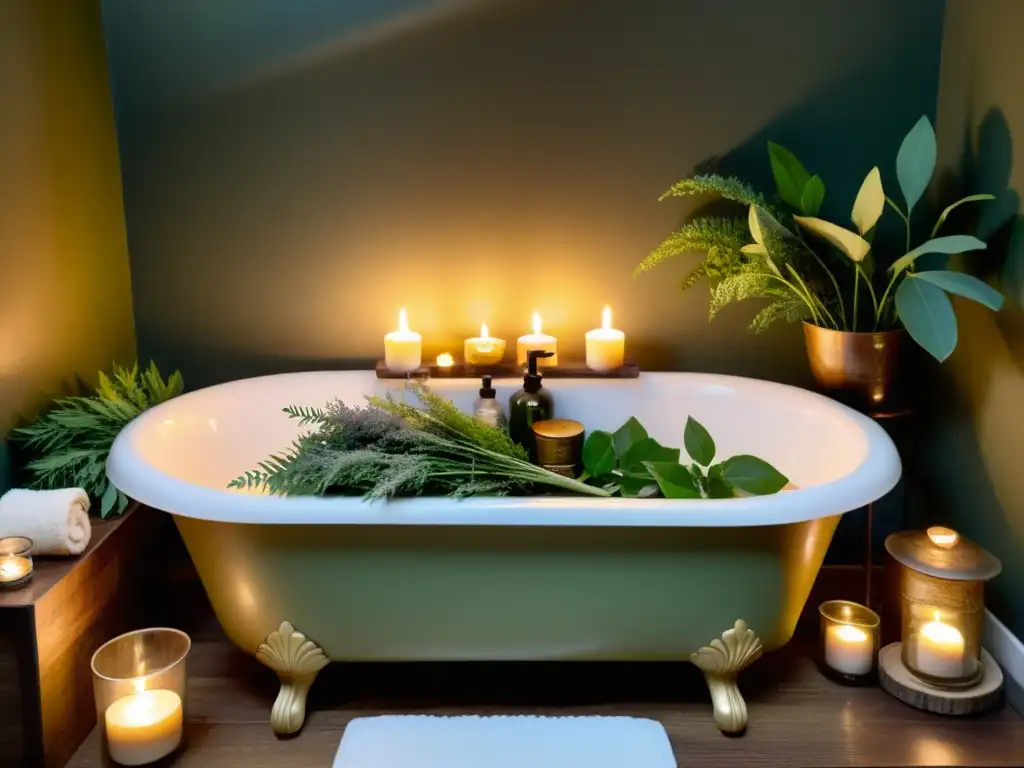 Una atmósfera tranquila y espiritual en un baño iluminado por velas y con bañera llena de hierbas aromáticas