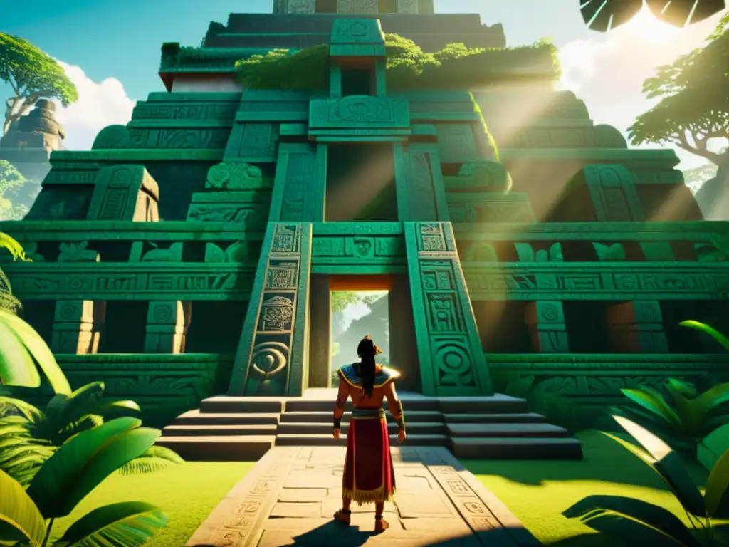 Avatar realiza ritual maya en videojuego VR con templo y selva exuberante