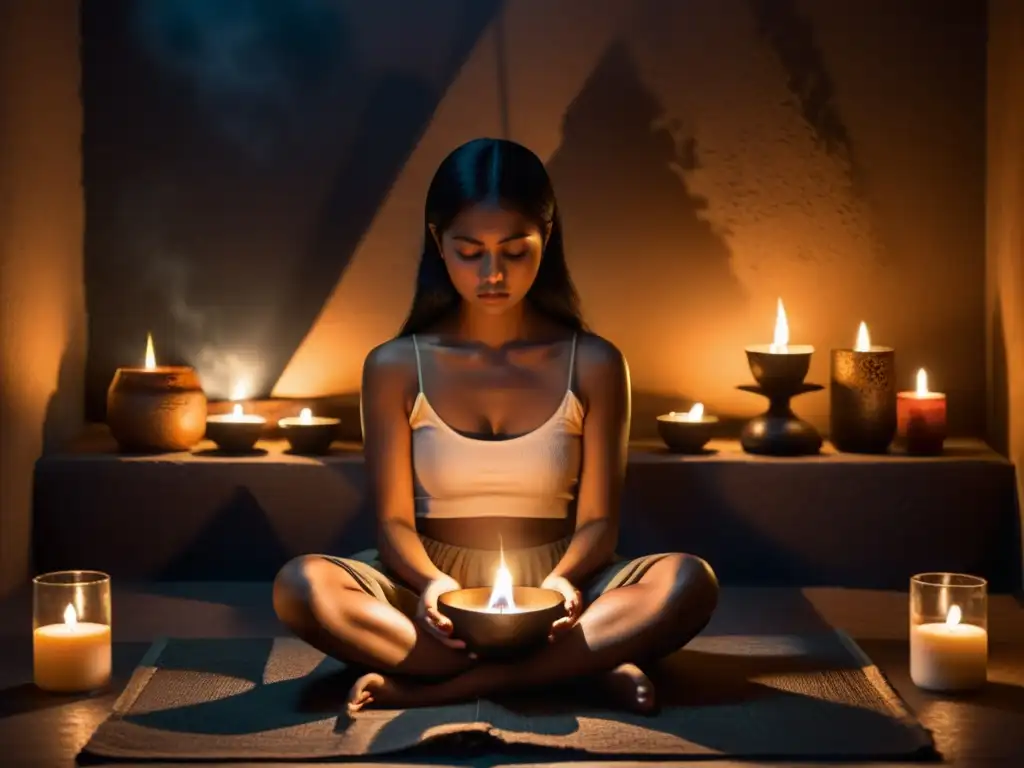 Ayuno ritualístico beneficios salud mental: Persona meditando en habitación tenue con velas, incienso y símbolos espirituales