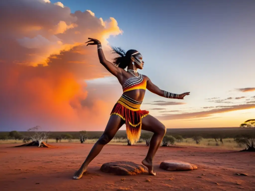 Un bailarín aborigen pintado con precisión, en pose dinámica ante un atardecer vibrante en el Outback australiano