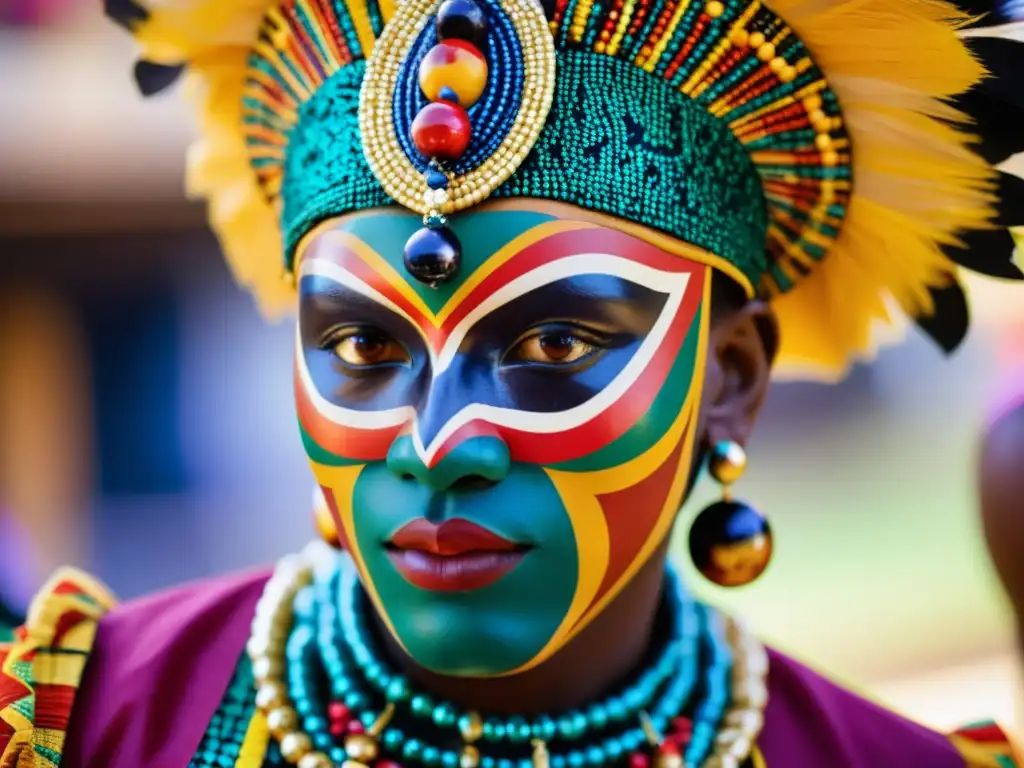 Un bailarín Egungun vibrante y colorido, con traje decorado y máscara tallada, en un ritual Egungun para honrar a los muertos