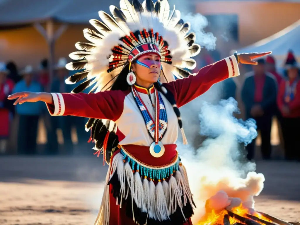 Danza Lakota: Emoción y Tradición en Movimiento Un bailarín Lakota en traje tradicional en movimiento, con plumas y cuentas, en una actuación cultural poderosa