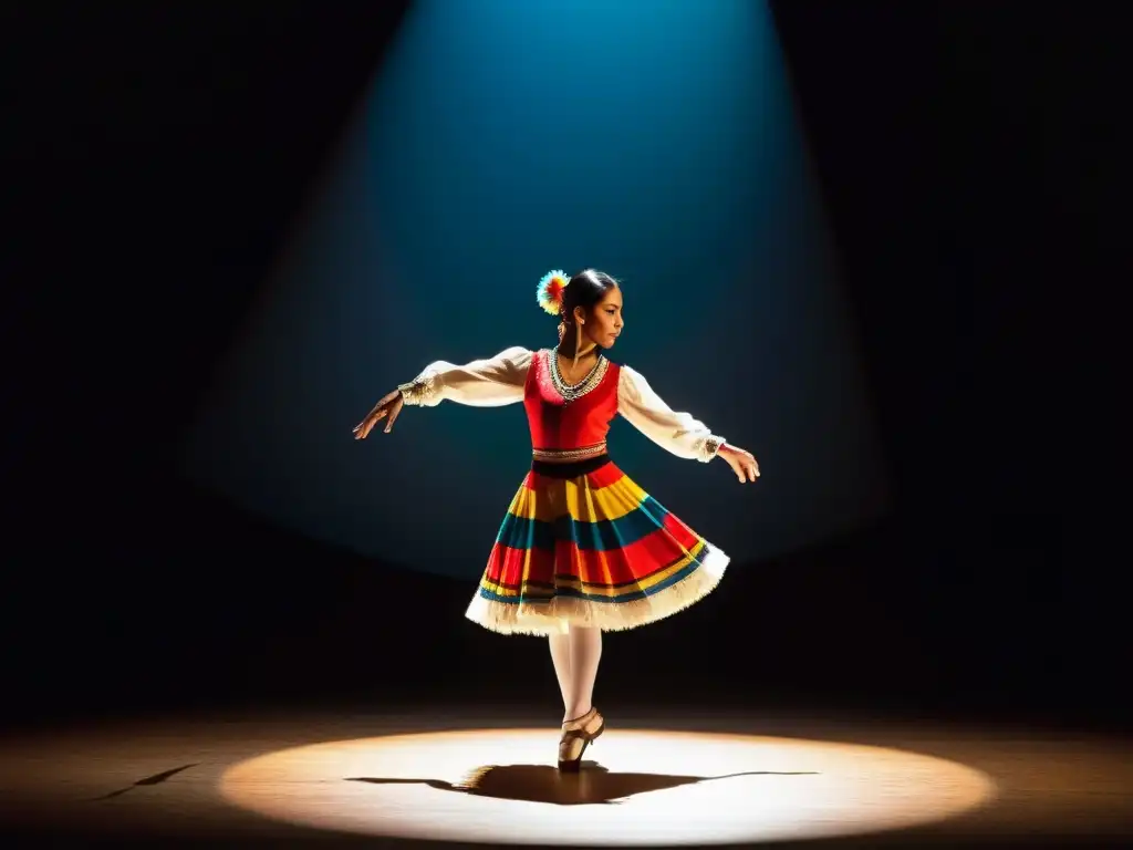 Un bailarín solitario ejecuta la cueca solitaria danza ritual, evocando nostalgia y determinación en un escenario oscuro