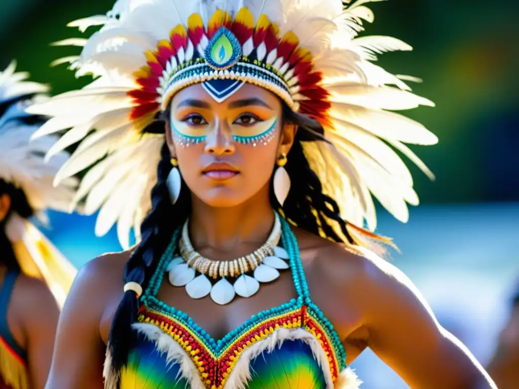 Una bailarina de Tahití en un traje vibrante y detallado, con un tocado adornado de plumas y conchas