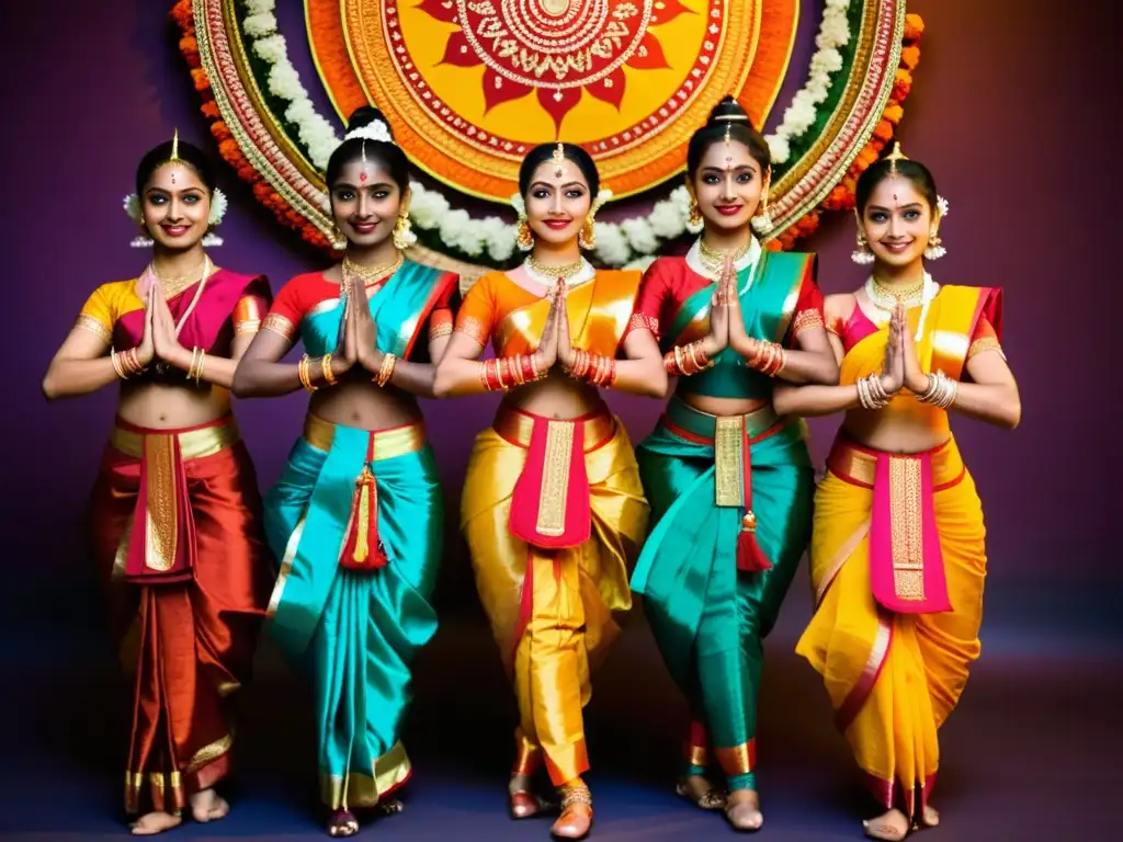 Bailarines en atuendos hindúes ejecutando la danza Bharatanatyam, con gestos y expresiones que narran historias de la mitología hindú