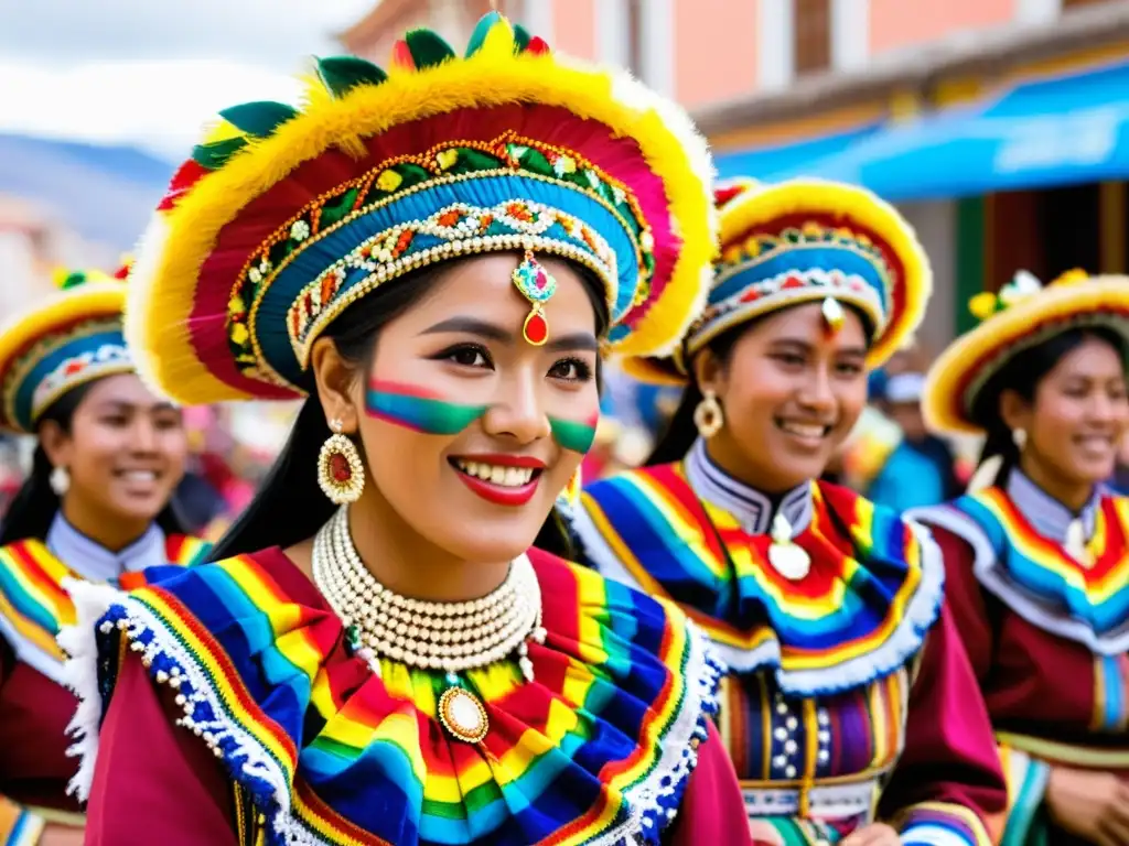 Bailarines bolivianos con trajes tradicionales y coloridos en el Carnaval de Oruro, transmitiendo la vibrante energía del sincretismo en la festividad