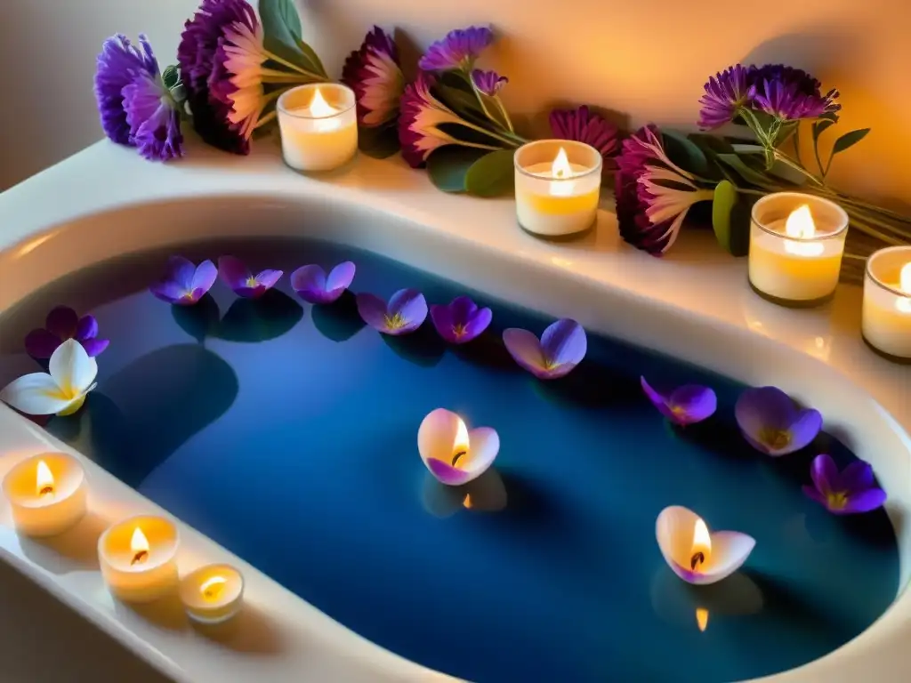 Un baño ceremonial que influye en el bienestar psicológico, con velas, pétalos de flores y hierbas aromáticas en agua serena y calmada