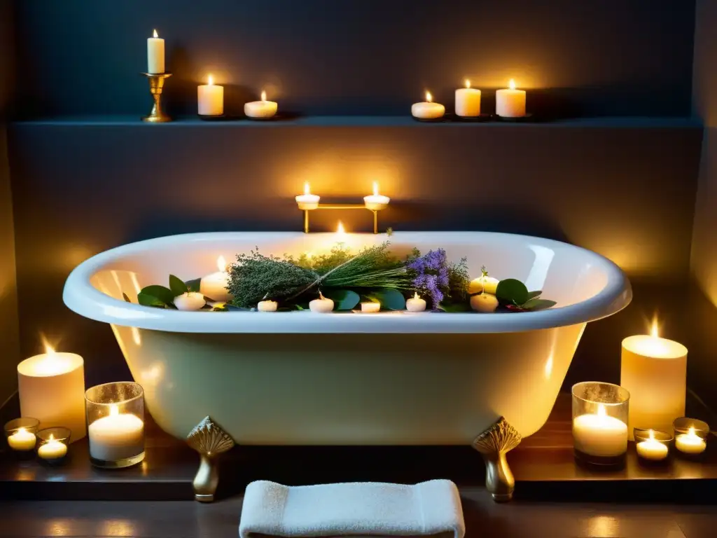 Un baño de lujo con hierbas aromáticas, aceites y velas, invitando a explorar los beneficios de los rituales de baño