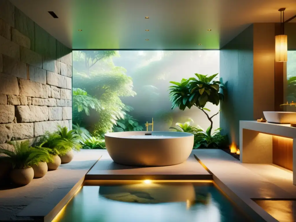 Un baño minimalista y sereno con una lujosa tina de aguas termales rodeada de vegetación