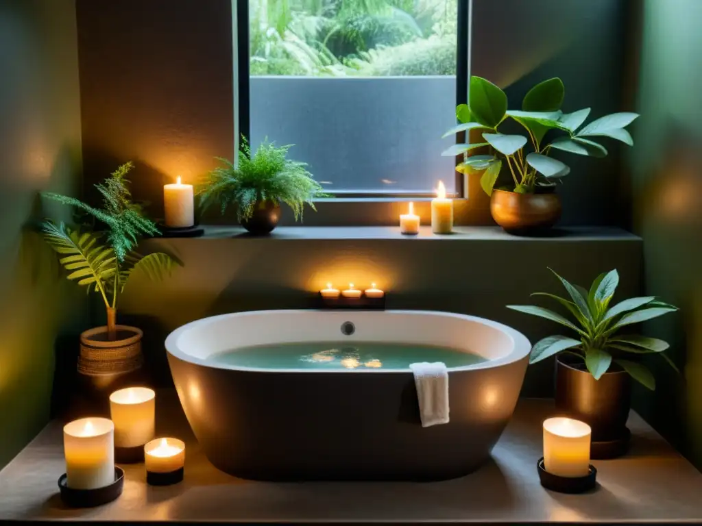 Un baño relajante con velas aromáticas, plantas verdes y productos naturales, promoviendo los beneficios de los rituales de baño