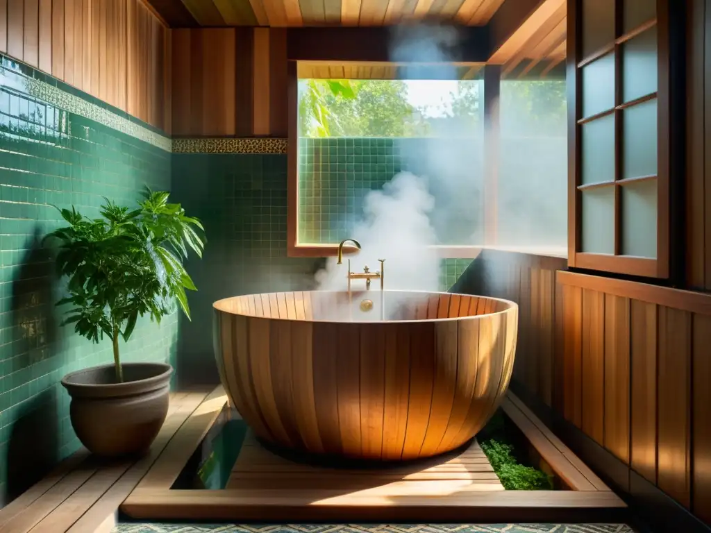 Un baño tradicional con luz suave y hierbas aromáticas, sumergido en una atmósfera meditativa