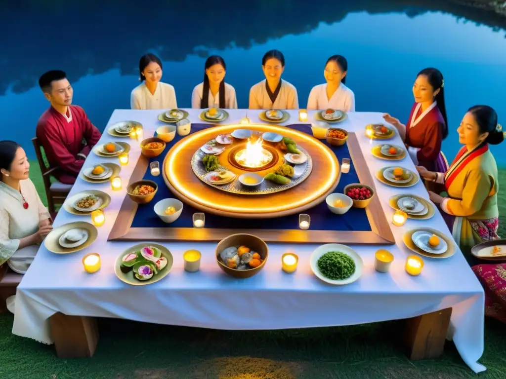 'Banquete lunar con gastronomía de rituales tradicionales bajo la luz de la luna'