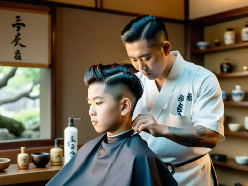 Un barbero japonés realiza el primer corte de pelo a un niño, rodeados de objetos simbólicos