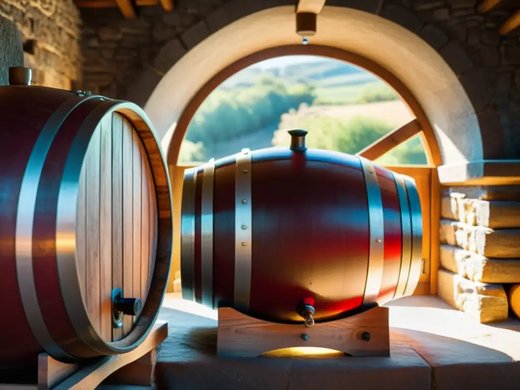 Un barril de vino llenándose en una bodega antigua, resaltando la importancia del vino en rituales cristianos