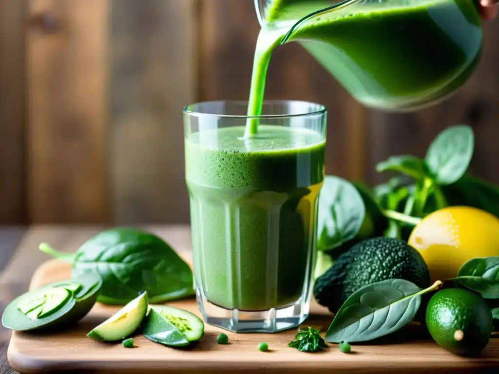 Un batido verde refrescante se vierte en un vaso, con ingredientes frescos como espinacas, kale, pepino y aguacate