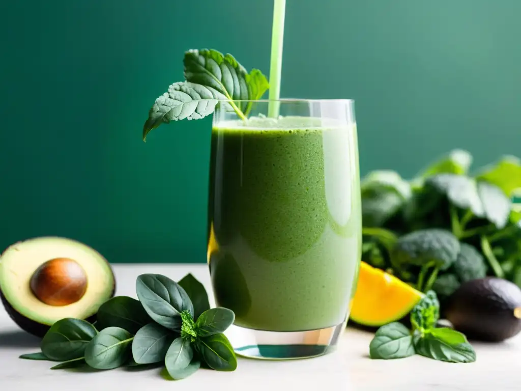 Un batido verde rejuvenecedor se vierte en un vaso, resaltando sus ingredientes frescos y la meticulosa preparación