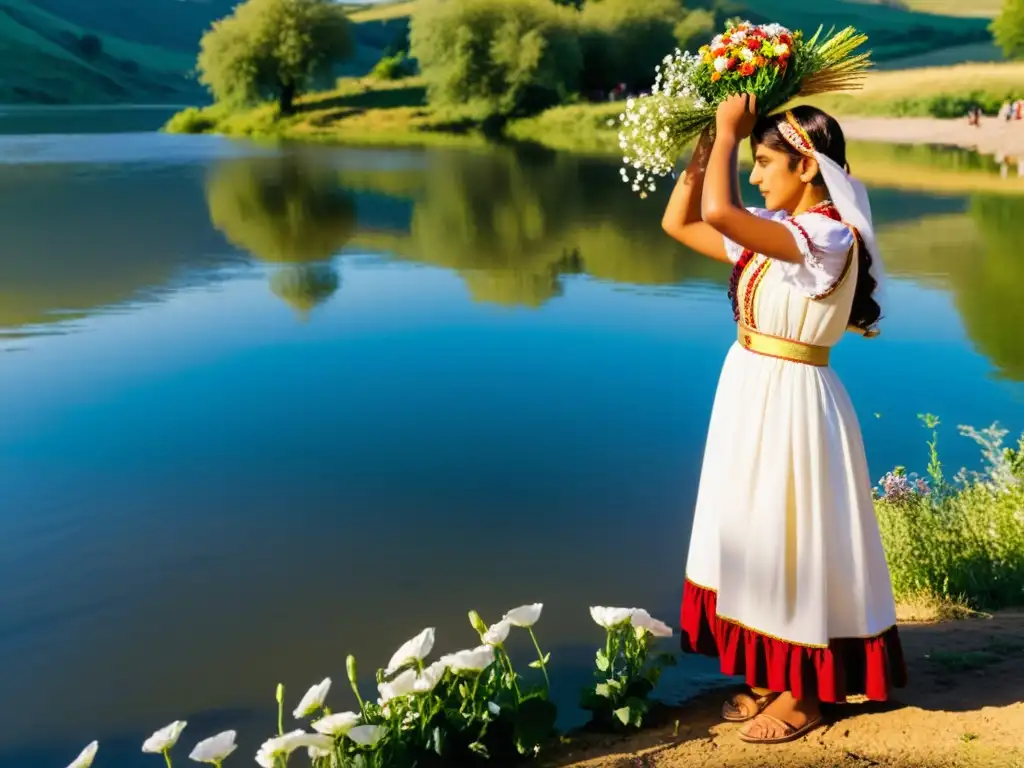 Bautismo gitano preservando identidad: ceremonia junto al río con luz dorada y niña en vestido blanco sosteniendo ramo de flores