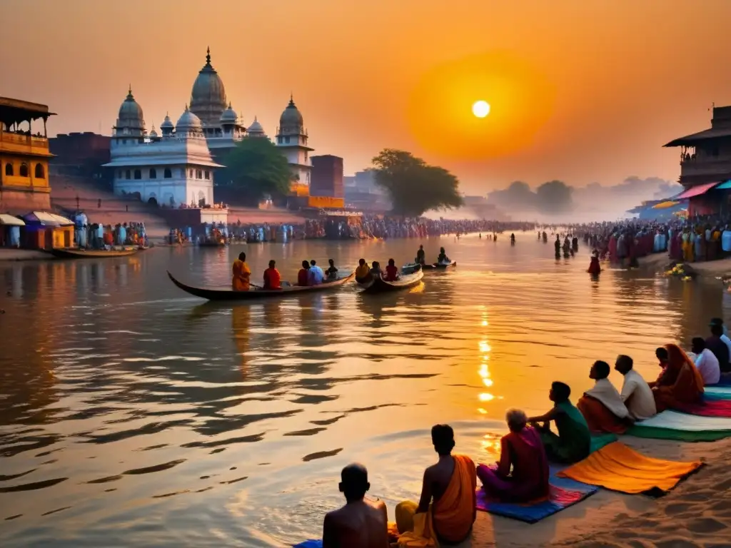 Bautismos en el río Ganges India: Devotos se sumergen en aguas sagradas, rodeados de saris coloridos, humo de incienso y templos antiguos al atardecer