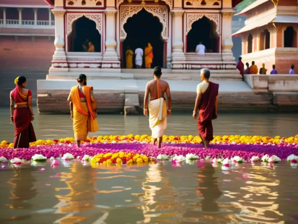 Bautismos en el río Ganges India: Ritual sagrado en el río Ganges con gente vestida de manera vibrante y pétalos de flores flotando en el agua