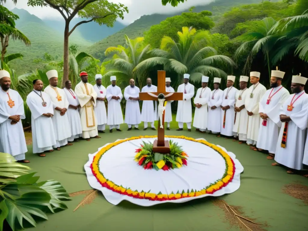 Bautizos vudú en Haití: Ceremonia de bautismo vudú en el bosque tropical, con participantes vestidos de blanco alrededor de un altar decorado