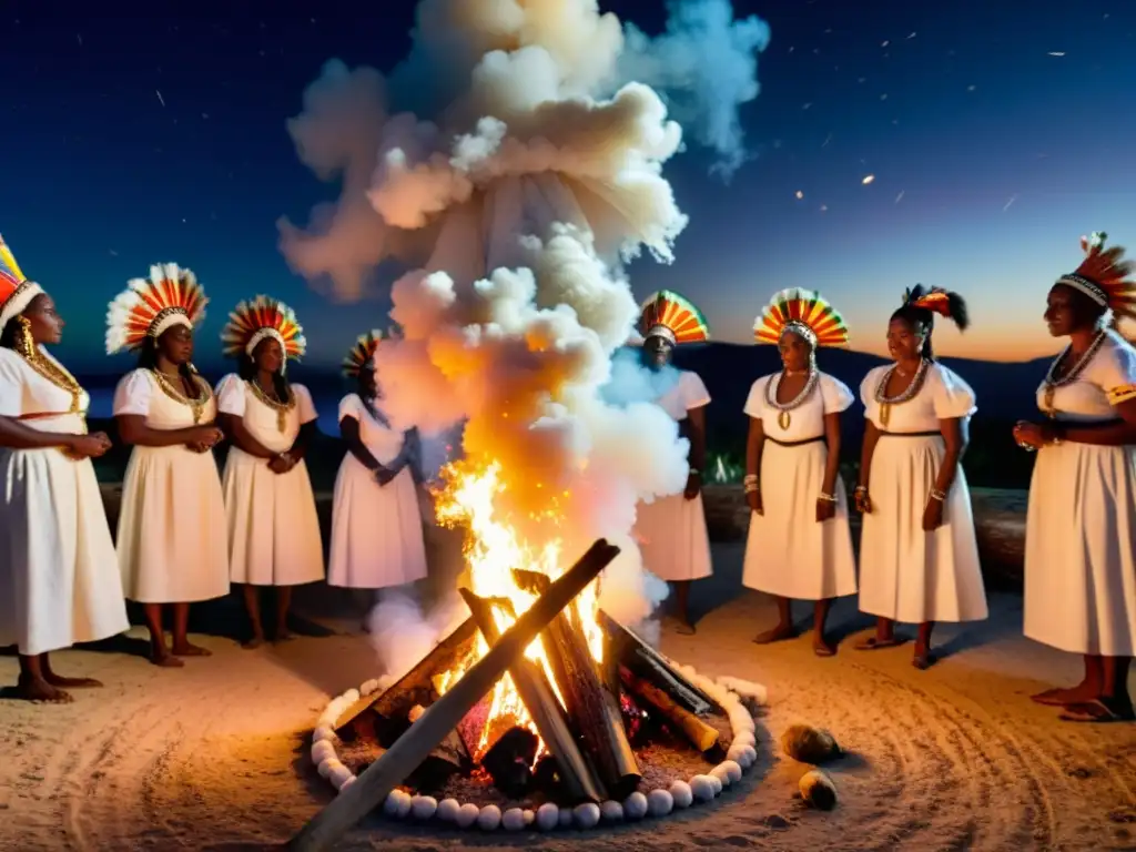 Bautizos vudú en Haití: Ritual vudú haitiano alrededor de una fogata con practicantes vestidos de blanco, invocando a los Loa en una noche estrellada