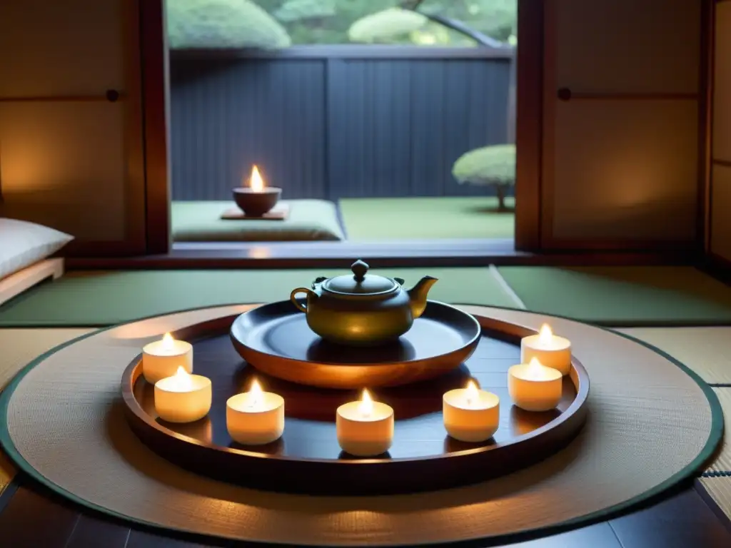 Ritual japones: té verde y meditación zen Bebidas ceremoniales conexión espiritual: ambiente sereno con cojines, luz tenue, té verde humeante, meditación Zen y dulces japoneses