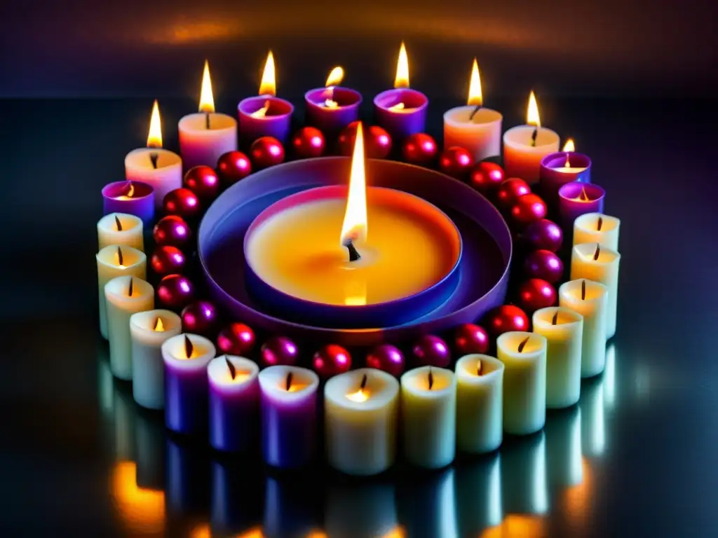 Un bello círculo de velas de colores en un fondo oscuro, capturando la magia y el significado de las velas en un ritual