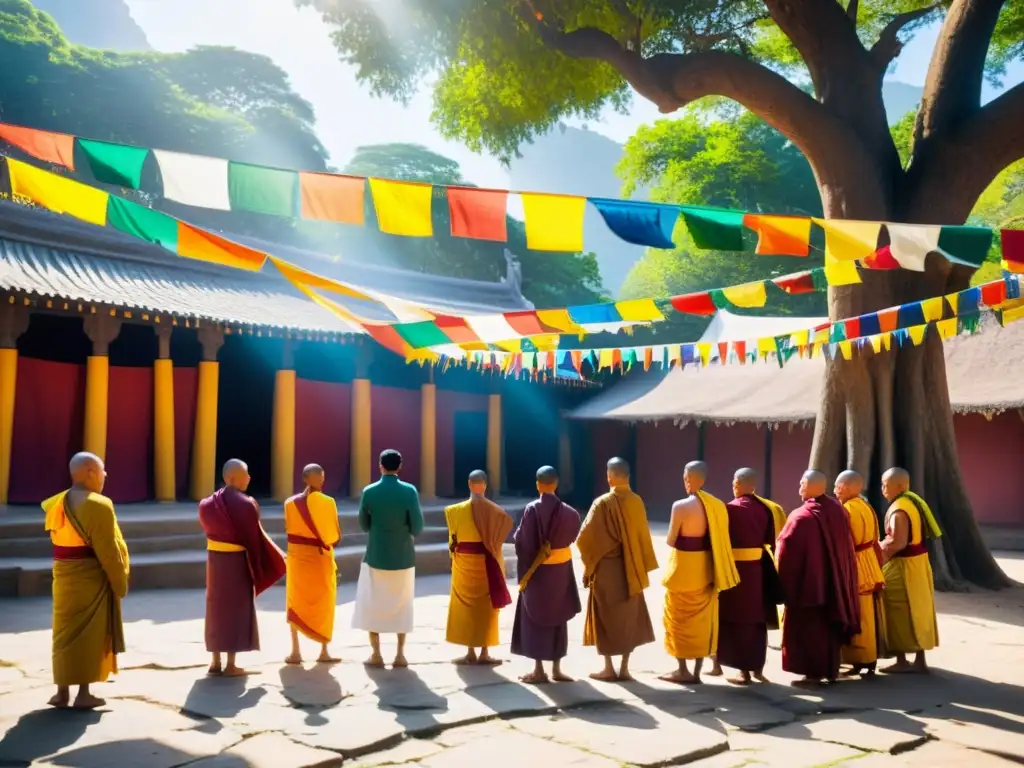 Bendición de animales en budismo: Colorido ritual de bendición de animales en un tranquilo patio de templo con monjes y animales en armonía