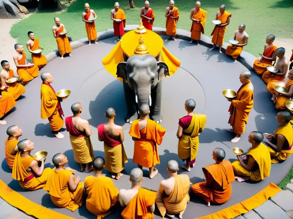 Bendición de animales en budismo: Monjes budistas en saffron bendicen a animales mientras un elefante majestuoso preside la escena espiritual