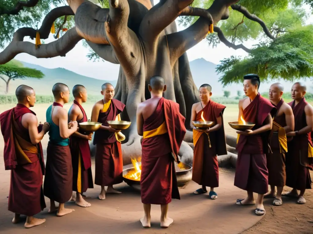 Bendición de animales en budismo: Monjes tibetanos bendicen a animales alrededor de un árbol Bodhi, con los majestuosos Himalayas de fondo